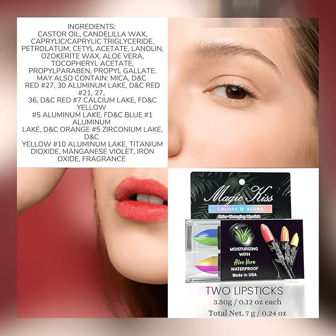 Magic Kiss Color Changing Matte Lipstick set, Long Lasting Nutritious Lips Moisturizer Magic Temperature Color Change Lip Balm with Aloe Vera MADE IN USA (2 Pack - Split B Magenta/Gold & Green/Blue)