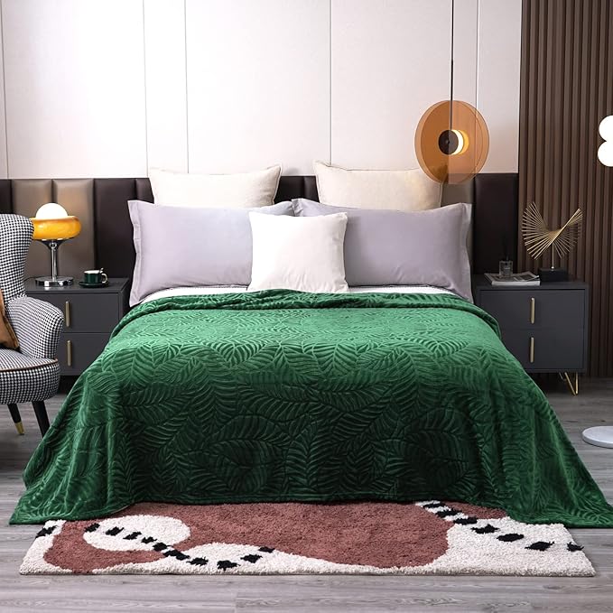 Super Soft Flannel Fleece Throw Blanket, 60 x 80 Inches, Olive Green | Lightweight Cozy Warm Leaves Textured Plush Blanket for Bed Couch Sofa