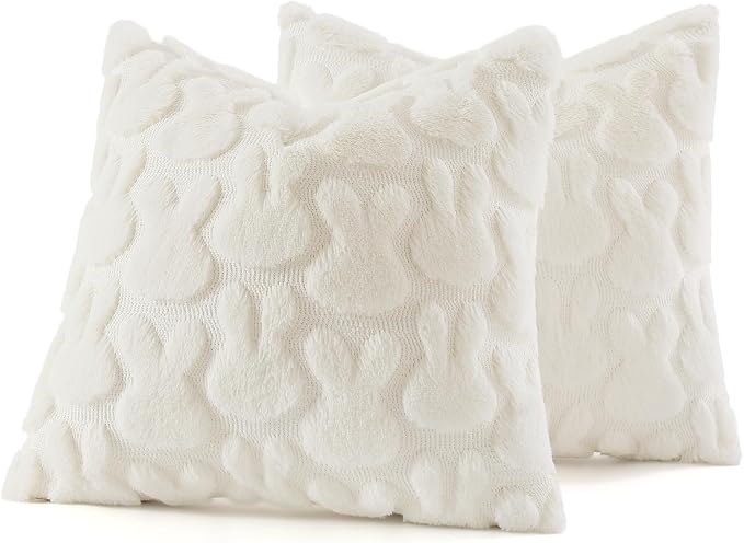 decorUhome Cream White Faux Fur Bunny Throw Pillow Covers 16x16 Set of 2 | Plush Soft Wool Jacquard Cream White Rabbit Cushion Covers, Modern Farmhouse Easter Holiday Decor PillowCases for Sofa Bed