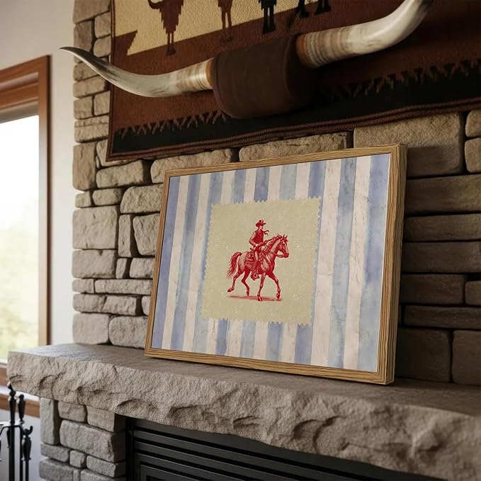 Vintage Western Wall Art, Mid Century Cowboy Rodeo Wall Decor, 16x24 in Framed, Striped Southwestern Poster Canvas Prints Country Horse Riding Artwork for Bedroom Living Room Farmhouse