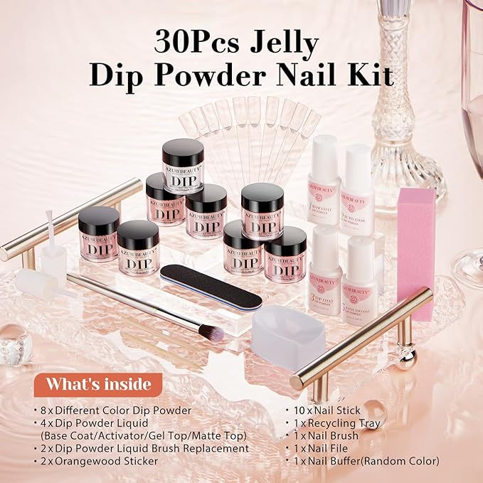 AZUREBEAUTY Dip Powder Nail Kit, Jelly Translucent Milky White Sheer Pink Nude Neutral Clear 8 Colors, Dipping Powder Liquid Set Added Matte Top Coat with Nail Sticks French Nail Art Manicure Salon