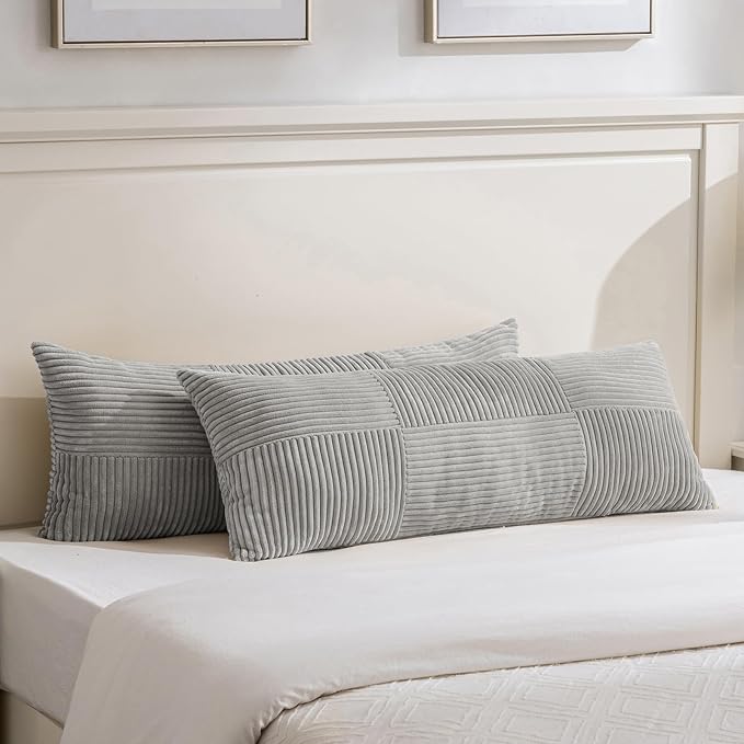 Fancy Homi Set of 1 Neutral Grey Boho Long Lumbar Body Decorative Throw Pillow Cover 14x36 Inch for Bed Couch Bedroom Bench, Soft Patchwork Corduroy Textured Pillow Case, Rustic Farmhouse Room Decor