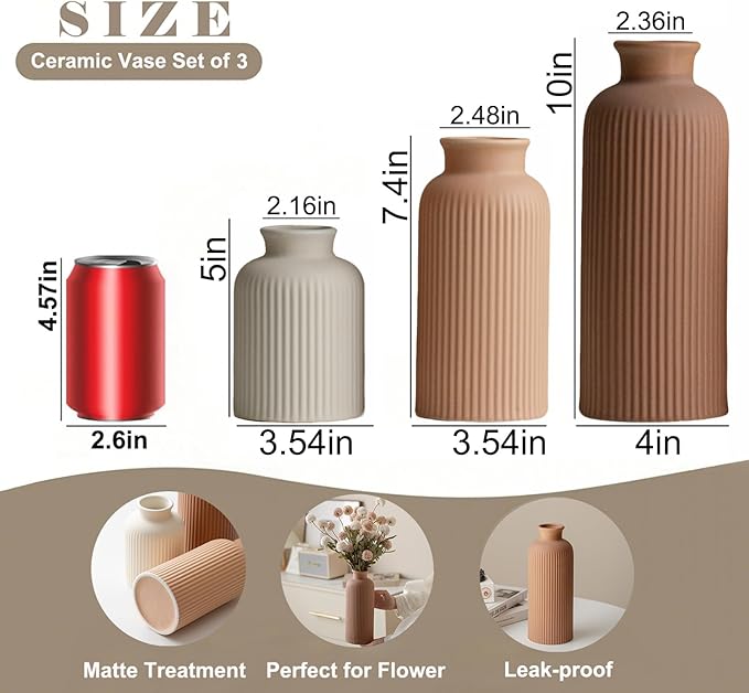Large Modern Ceramic Vase Set, Coffee Ribbed Matte Design, 3-Piece Decorative Vases for Home, Living Room, Office (XL Coffee Mix)