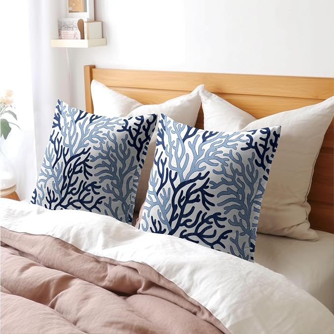 Nautical Coastal Coral Blue White Pillow Covers 16x16 Inch Set of 2 Summer Ocean Themed Beach Pillow Cases Outdoor Linen Square Cushion Cover Farmhouse Decor for Bedroom Home Sofa Couch Bed