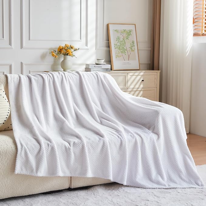 NEWCOSPLAY Fleece Leaves Pattern Twin Blanket, White, 60"x80" | Super Soft Throw Blanket, Lightweight Cozy Bed Sofa Blanket, Premium Silky Flannel Fleece, Travel Blanket for All Season Use