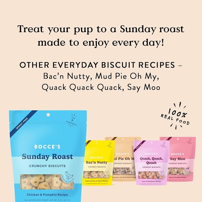 Bocce's Bakery Sunday Roast Flavor Crunchy Biscuits Dog Treats, 5 oz | Oven Baked, Wheat-Free Everyday Dog Treat Biscuits - Made with Real, Limited Ingredients and Baked in The USA