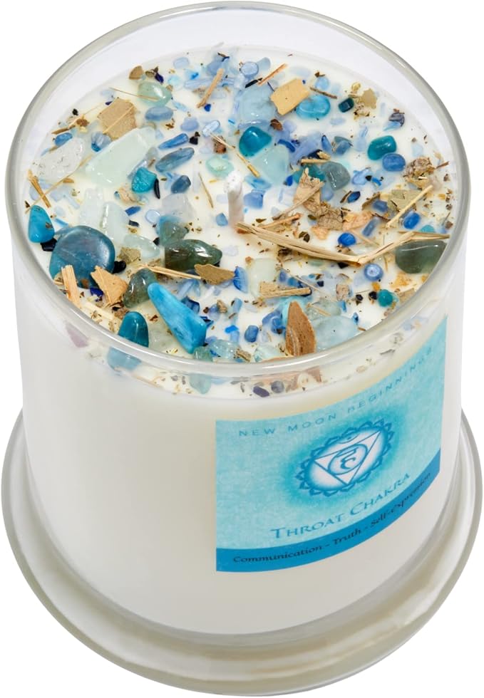 Throat Chakra Candle by New Moon Beginnings - Chakra Candles - Dried Flower, Herb, & Crystal Candles - Aromatherapy Candles - Soy Candle - 12oz Glass Jar