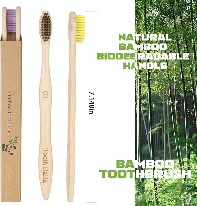 Tooth HaHa Bamboo Toothbrushes, 10 Pack BPA-Free Soft Tapered Bristles, Eco-Friendly, Natural Wooden, Green Toothbrush, Organic Toothbrushes Travel Set