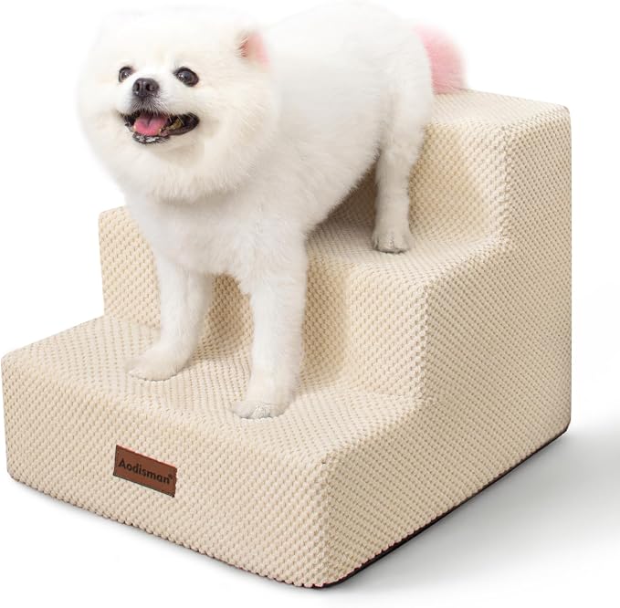 Aodisman Dog Stairs for Small Dogs & Cats,3-Step Pet Steps for Couch & Bed | High-Density Foam Dog Steps with Anti-Slip Bottom,Easy for Puppies,Older Cats & Dogs to Reach Sofas & Chairs,Beige,13.6" H