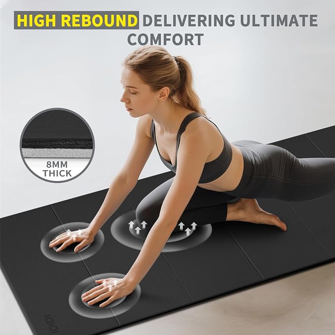 Foldable Extra Large Yoga Mat 74"×31.5", 8mm Double-Sided Non Slip Lightweight Fitness Mat for Man & Woman, Portable for Home Studio & Travel