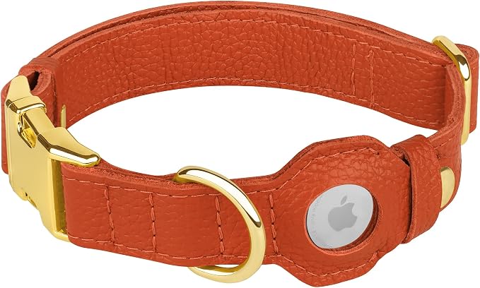 Leather Airtag Dog Collar - Soft Tracking Dog Collar with Apple AirTag Holder and Metal Buckle - Safety GPS Pet Collars for Small Medium Large Dogs Puppy Pink Red (Orange, XL, 20"-25" Neck Fit)
