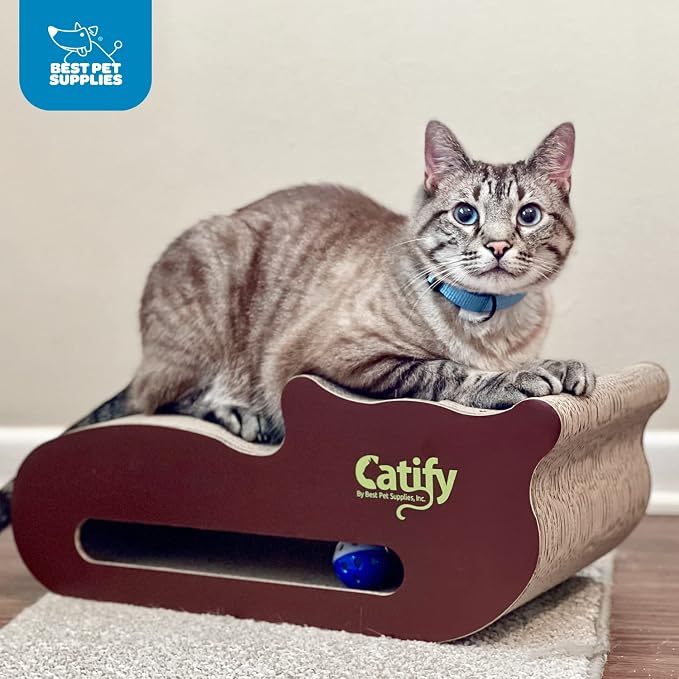 Best Pet Supplies Catify Corrugated Cardboard Cat Scratcher - Cat Shape | Corrugated Cardboard, Interactive Ball Toy, Indoor Furniture Protector, For Kittens and Cats, Promotes Healthy Active Play