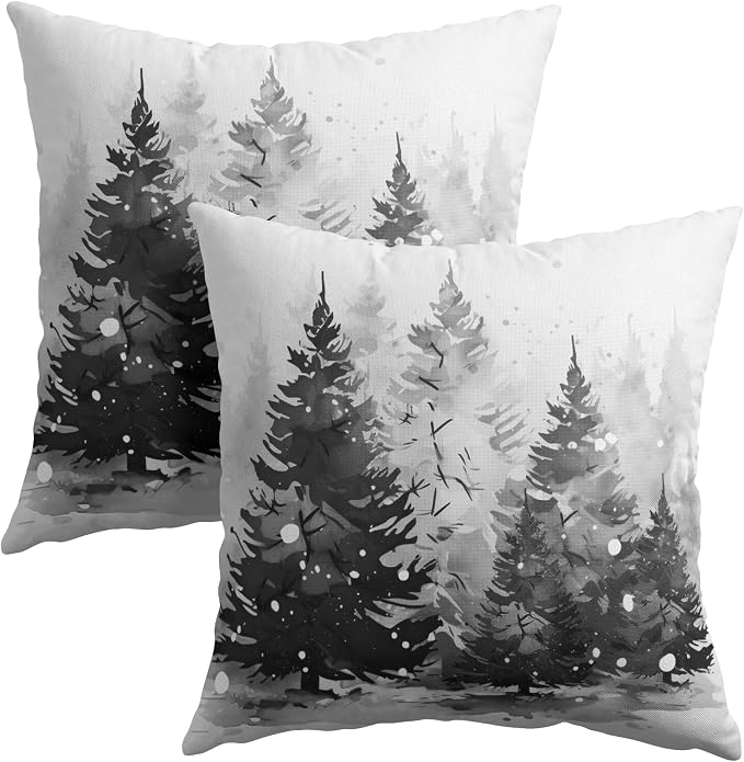 Kawani Winter Trees Throw Pillow Covers 16 x 16 Inches, Set of 2 Grey Rustic Natural Snow Forest Farmhouse Pillowcases Cotton Linen Square Cushion Cover for Sofa Couch Bed Xmas Decor
