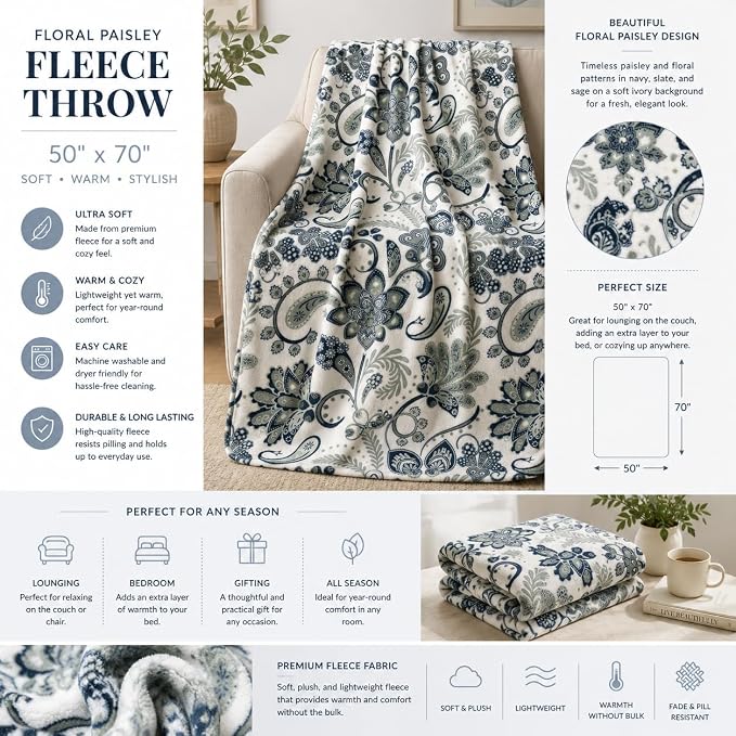 Soft Fleece Throw Blanket, Blue Grey Paisley Boho Damask, 50x70, Oversized | Hues of Gray & Navy in Elegant Floral Design, Accent For Living Room or Bedroom on Sofa Couch Bed Chair