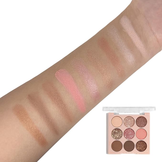 9 Colors Glitter Shimmer Eyeshadow Makeup Palette, Sparkle Neutral Eye Shadow Palettes, Highly Pigmented Long Lasting Waterproof Blendable, sombras para ojos Pink Golden Brown Eye Glitter