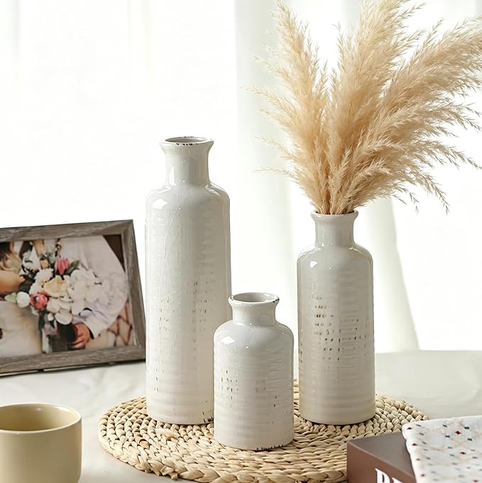 White Ceramic Vase Set of 3, Rustic Vase for Farmhouse Shelves Waterproof | Farmhouse Vases for Pampas Grass & Dried Flowers, Rustic Vase for Table Bookshelf, Living Room