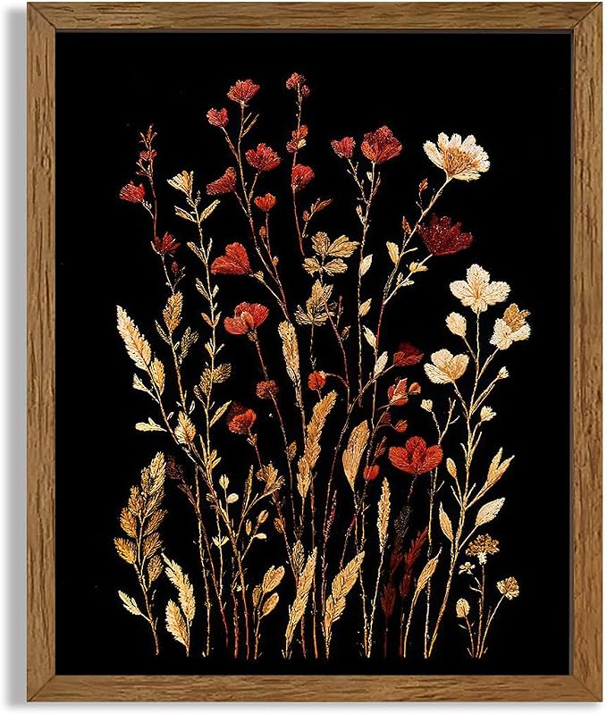 JLTULT Black Floral Wall Art, Vintage Wildflower Framed Canvas, 8 x 10 in | Black-background wildflower art on fade-resistant canvas with a ready-to-hang solid wood frame for bedrooms and bathrooms