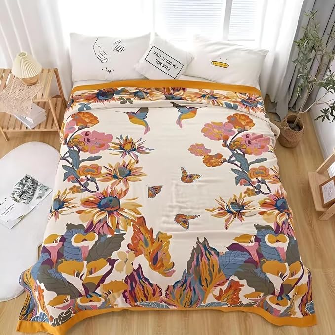 Boho Throw Blanket for Bed 100% Cotton Bohemian Blankets Ultra Soft Woven Muslin Decorative Blankets All Seasons Vintage Quilt Knitted Blanket for Sofa Chair(Yellow, 90"x98")