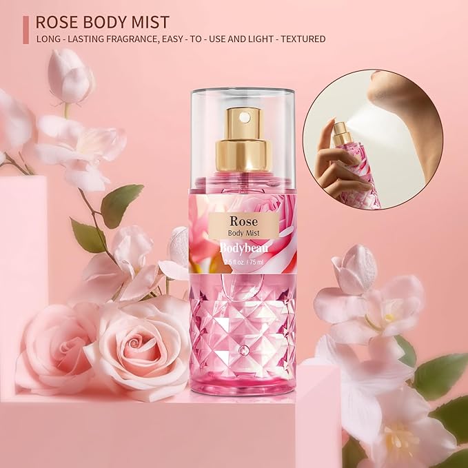 Mother's Day Rose Spa Gift Set - 4PCS Luxury Bath and Body Kit for Women with Shower Gel, Body Scrub, Lotion & Body Mist - Portable Travel Size Self Care Gift for Mom, Wife, or Her