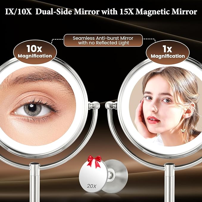 VESAUR 9" Upgraded Lighted Makeup Mirror, 5000mAh Rechargeable 1X/10X/20X HD Magnifying Mirror with 3 Lights Colors, Brightness Adjustable, 360° Rotation Seamless Vanity Mirror, Nickel, Gift Box