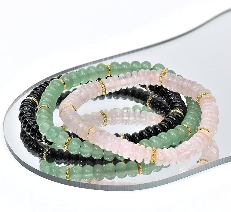 L&J JEWELRY 3PCS Handmade Natural Gemstone Stretch Elastic Bracelet Healing Crystal Round Stone Beads Jewelry Gifts for Women Men
