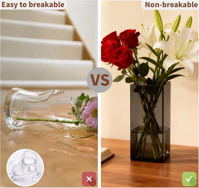 Acrylic Square Flower Vase, Non-breakable Vase, 5" x 5" x 12" Tall Grey Vases for Flower, Large Cube Floral Plant Container, Planter Terrarium for Wedding Party Event, Home Office Decor
