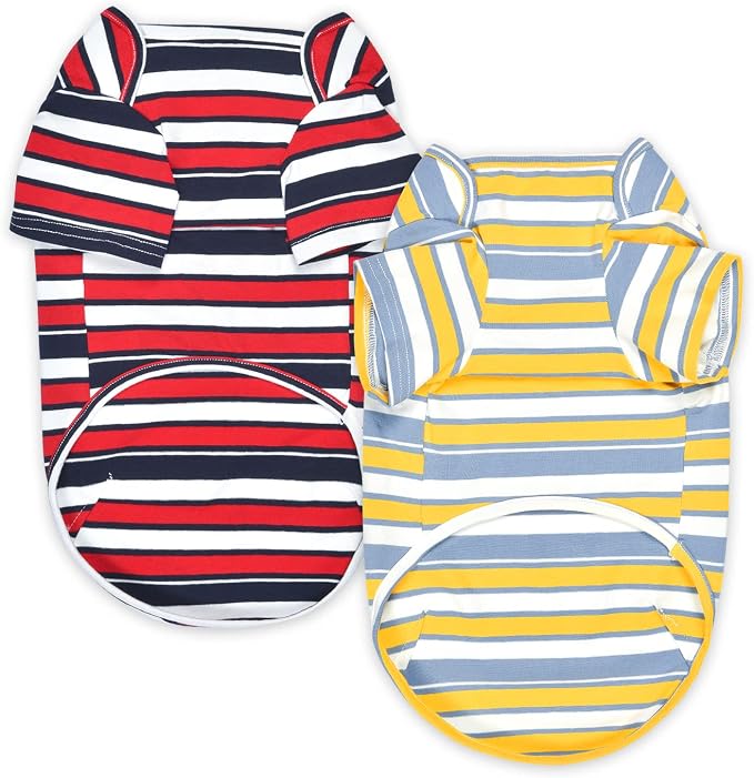 Dog Shirts Cotton Striped T-Shirt, Summer Pet Clothes for Small Dogs, 2-Pack Soft Puppy Apparel Cat Tee, Breathable Stretchy, Red Yellow L