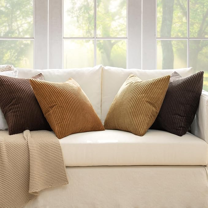 MIULEE Fall Corduroy Decorative Throw Pillow Covers Camel Brown 18x18 | Set of 4, Mordern Rustic Fall Decor, Wood-Tone Deep Browns, Boho Farmhouse Cushion Covers for Couch Bed Sofa Living Room