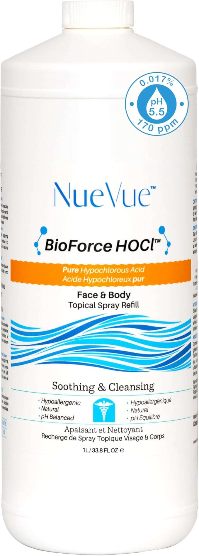 BioForce HOCl Pure Hypochlorous Acid Spray Refill for Face & Body (33 Oz) - Acne-Prone Skin & Eczema, Piercing aftercare, Made in Canada, Gentle Skin Cleanser & Toner, pH Balanced, Non-comedogenic