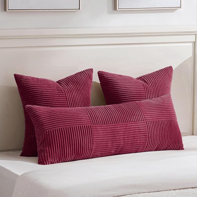 Fancy Homi Set of 1 Burgundy Boho Long Lumbar Body Decorative Throw Pillow Cover 14x36 Inch for Bed Couch Bedroom Bench, Soft Patchwork Corduroy Textured Pillow Case, Rustic Farmhouse Room Decor