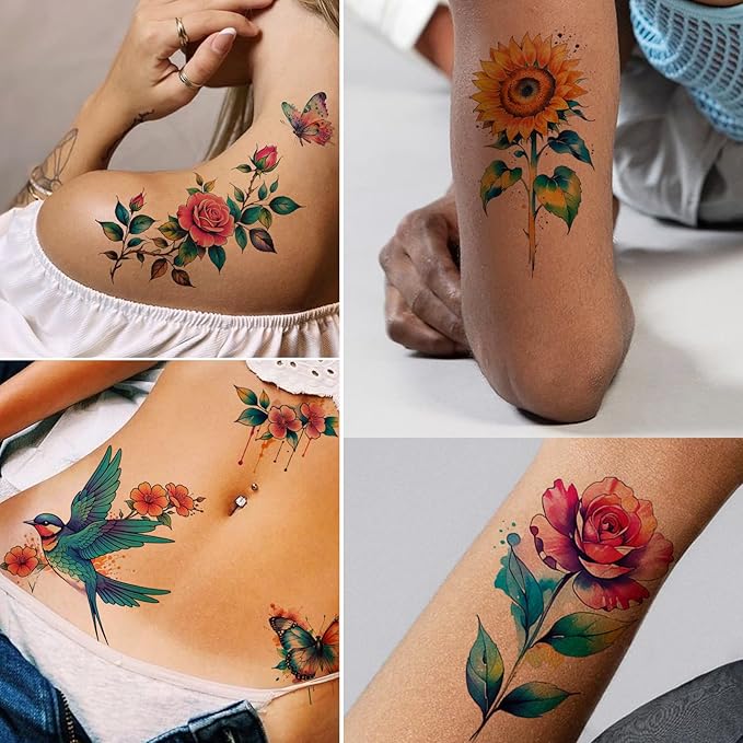 Tazimi 3D Large Watercolor Flower Temporary Tattoos For Women Watercolor Roses Flower Butterfly Sunflower Daisy Tattoos Sticker Girls Adults Waterproof Realistic Arm Body Colourful Tattoos