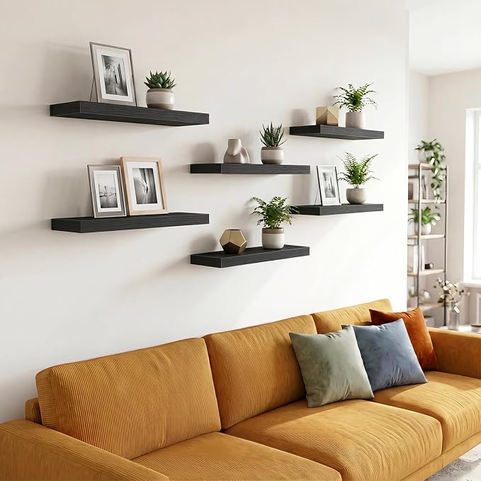 Fixwal Floating Wall Shelves for Decor (Black, Set of 6, 15.7 Inch) | MDF Shelves with Metal Brackets, Space Saving for Books, Decor, Works in Bathroom, Kitchen, Living Room, Bedroom