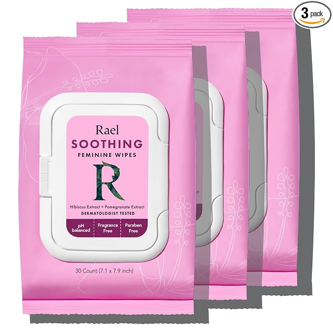 Rael Feminine Wipes, Flushable, Travel Size, All Skin Types, Daily Use (Soothing, 30 Count Pack of 3)