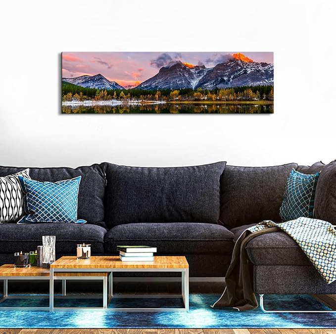 Sunset Landscape Canvas Wall Art for Living Room Wall Decor Snow Mountain Forest River Nature National Park Scenery Picture Prints Framed Artwork for Bedroom Bathroom Office Home Decoration 14x48"