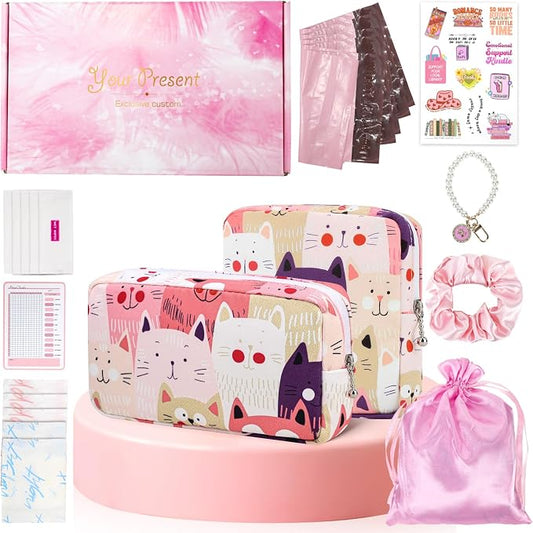 22 PCS First Period Starter Kit Gift for Teen Girls Period Bags for Teen Tweens Girls with Sanitary Pad Storage Bag, Wipes, Menstrual Tracker, Disposal Pouches and More (Cats)