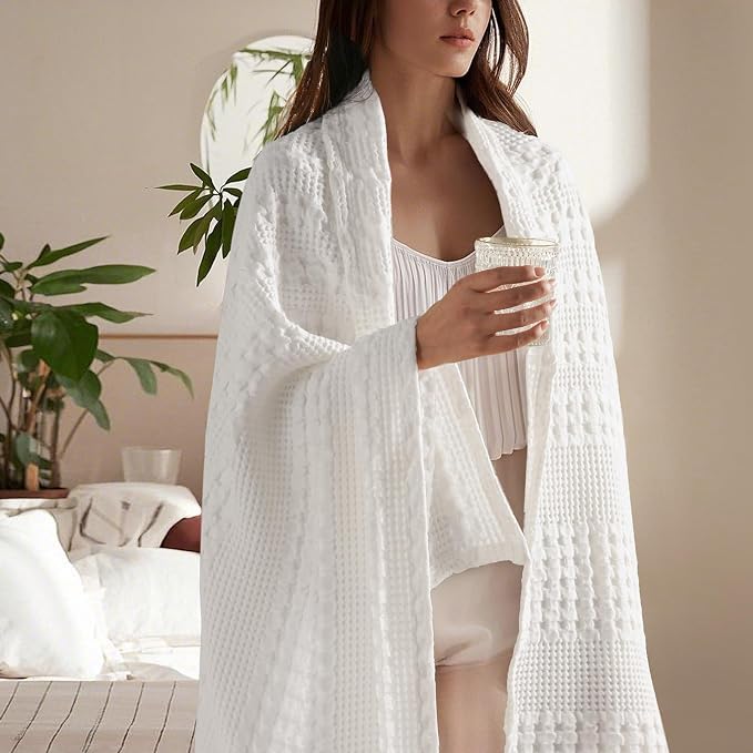 PHF 100% Cotton Waffle Weave Throw Blanket, Lightweight Breathable Summer Blanket for Couch Sofa, Pre-Washed Soft Throws for Bed, Office, Travel & Stylish Home Decor, 50"x60", White
