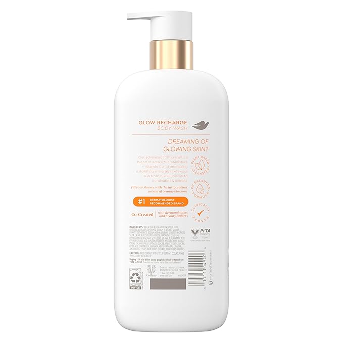Dove Serum Body Wash Glow Recharge illuminates & Exfoliates skin with brightening Vitamin C Serum 18.5 Fl Oz (Pack of 4)