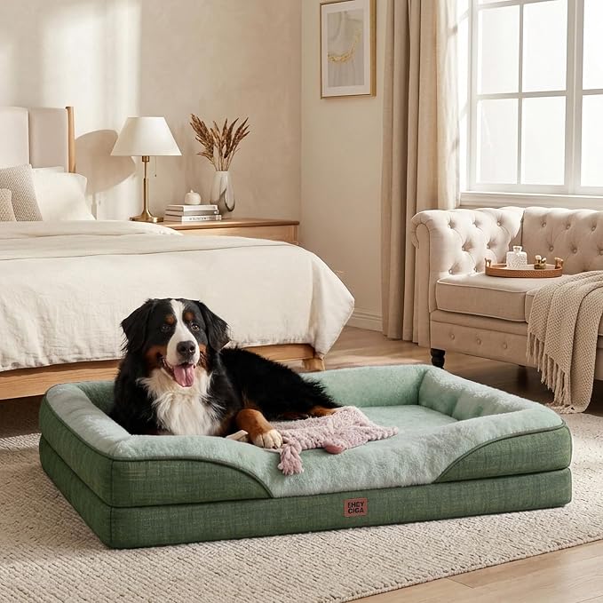 EHEYCIGA Orthopedic Dog Bed for Large Dog, Memory Foam Dog Couch, Green | 41x27 Inch Large Sized Dog Sofa with Sides, Waterproof Liner & Washable Removable Cover, Bolster Pet Couch