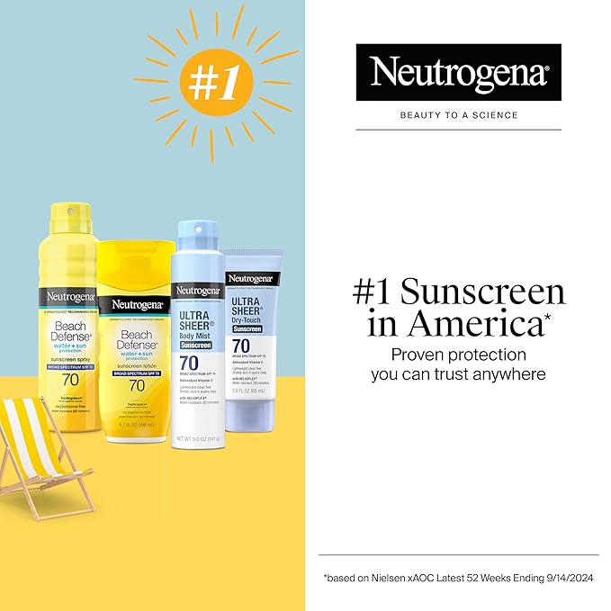 Neutrogena Beach Defense Sunscreen Spray SPF 70 - Broad Spectrum Sun Protection for Face & Body, Water-Resistant Sunscreen Formula, Lightweight & Fast-Absorbing, 6.5 fl. oz. (184 mL)