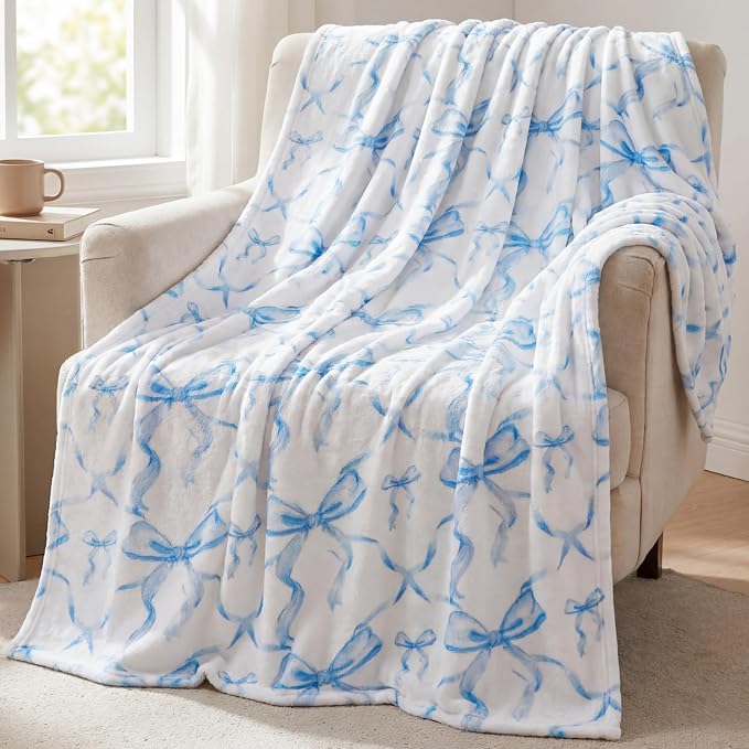 Blue Bow Throw Blanket 50"x60" Soft Flannel for Girls Women | Coquette Aesthetic Decor with Ruffled Edges, Ultra Plush Bed Sofa Blanket, Preppy Gift for Teens, Back to School Dorm Room