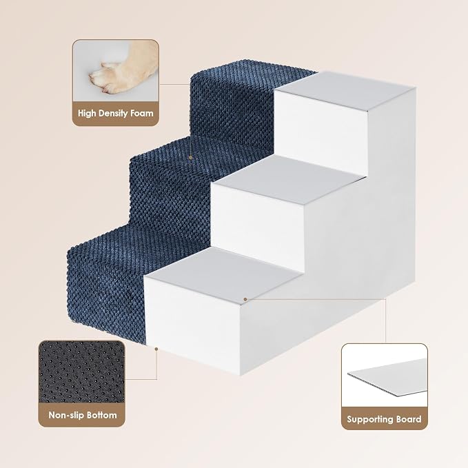 EHEYCIGA Dog Stairs for Small Dogs 13.5" H, 3-Step Dog Steps for Cats, Navy | Pet Steps for Couch Sofa and Chair, Non-Slip Balanced Pet Ramp Indoor
