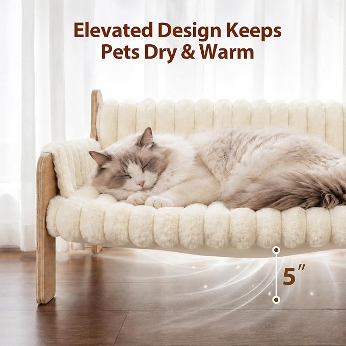 Elevated Cat Couch for Indoor Cats Wooden Cat Sofa for Kitty Puppy | Ultra-Soft Plush Raised Cat Bed,Removable Washable Cat Chair Hammock,Breathable Cat Furniture for Bedside Balcony Living Room