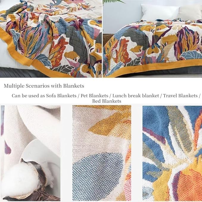 Boho Throw Blanket for Bed 100% Cotton Bohemian Blankets Ultra Soft Woven Muslin Decorative Blankets All Seasons Vintage Quilt Knitted Blanket for Sofa Chair(Yellow, 90"x98")