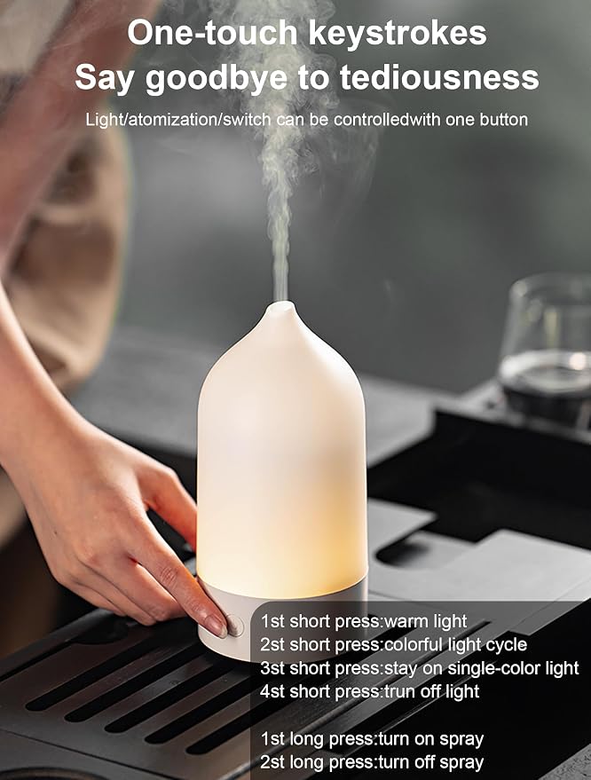 Aroma Diffuser 120ml, Ultrasonic Aromatherapy Humidifier with 7-Color Gradient LED Night Light, Silent Mist Maker for Home, Bedroom, Office, Desk, Simple 3-in-1 Design (White)