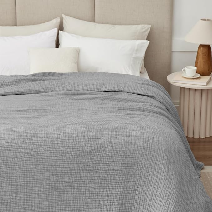 100% Cotton Muslin Blanket King 108" x 90", Breathable and Lightweight Cotton Throw Blankets for Bed, Soft Cooling Summer Gauze Blanket for Adults All Season, Light Grey