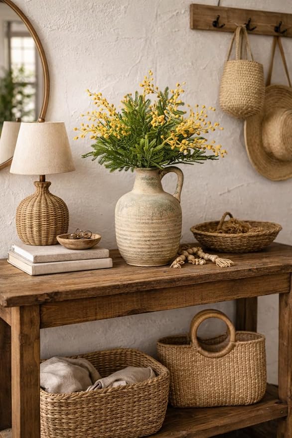 SIDUCAL Rustic Ceramic Farmhouse Flower Vase with 1 Handle-Height 8.43" Terracotta Vase, Unique Textured Pottery Flower Vases for Home Decor, Table, Wedding, Living Room, Shelf Decor, Terra