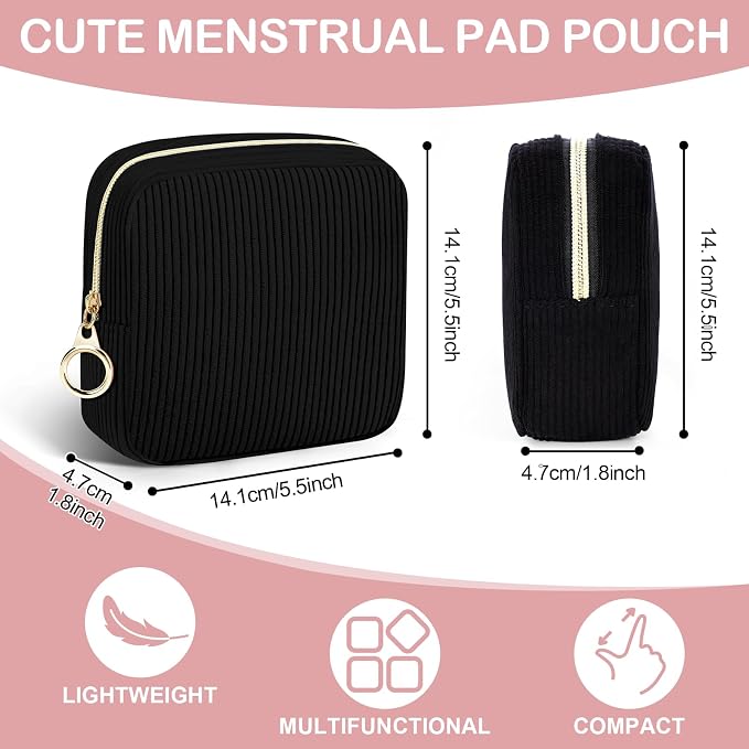 Corduroy Period Pouch Small Discreet Period Bag Sanitary Napkin Storage Bag Cute Menstrual Pad Pouch Tampon Bag for Purse Portable Wristlet Makeup Bags for Women Ladies Black