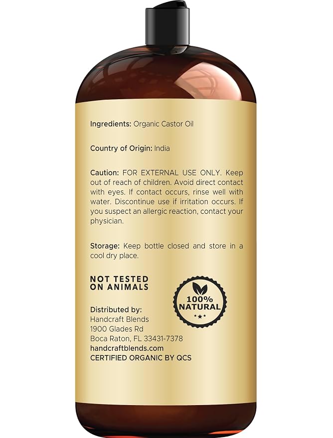Handcraft Blends Organic Castor Oil 28 Fl Oz | 100% Pure and Natural | Premium Grade Carrier Oil | Hair, Eyelashes and Eyebrows | Hair and Body | Expeller-Pressed | Hexane-Free