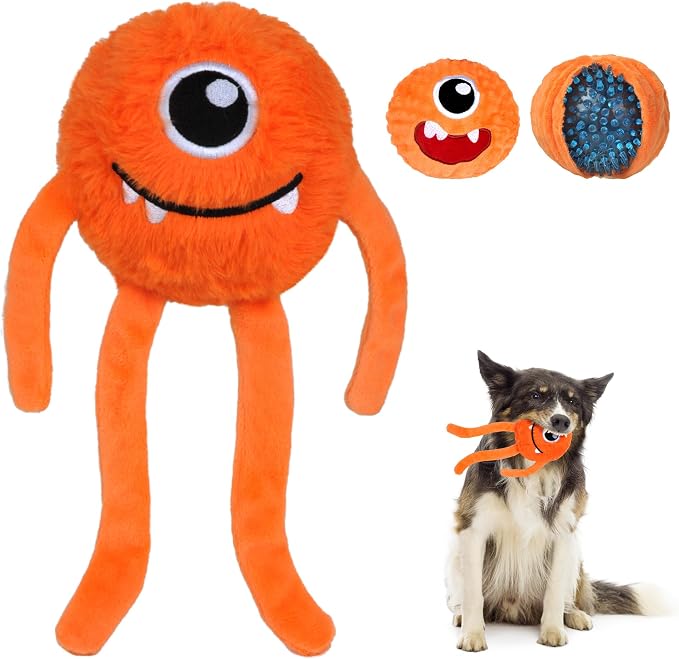 Fida Dog Toys for Aggressive Chewers, 3 in 1, Tough Squeaky Ball, Orange