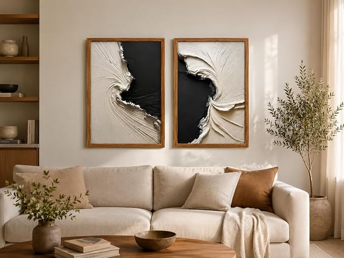 3Pcs Wood Framed Luxury Abstract Canvas Wall Art Textured Relief Painting Prints Modern Neutral Poster Picture Gallery Wall Decor Artwork Print Living Room Bedroom 16x24 Inch Ready to Hang